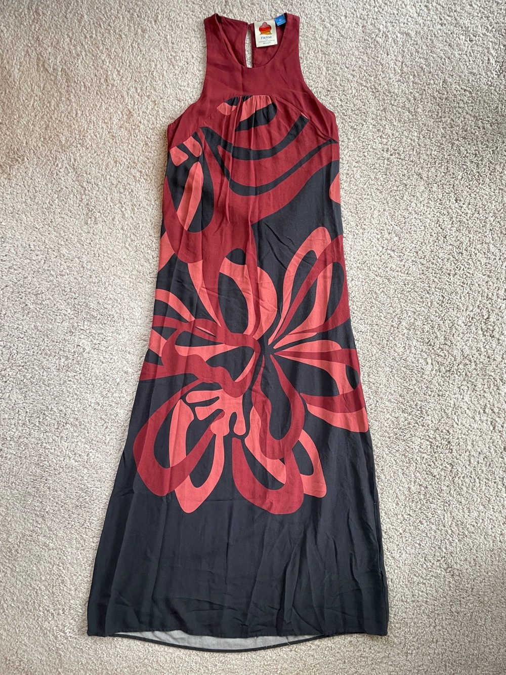 FARM Rio x Anthropologie Burgundy Black Sleeveless Halter Floral Maxi Dress XS